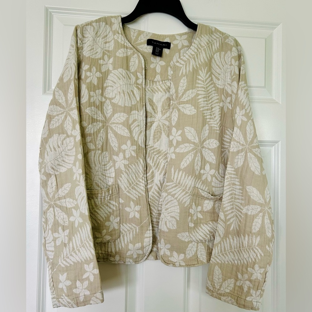 Tahari Botanical Jacquard Open-Front Linen & Cotton Blend Jacket